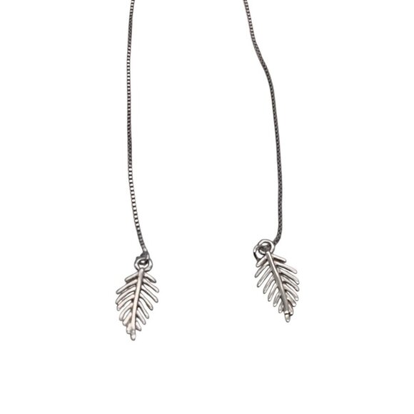 Feather Threader Earrings Long Chain Drop Dangle 925 Silver Leaf Elegant - Picture 5 of 7